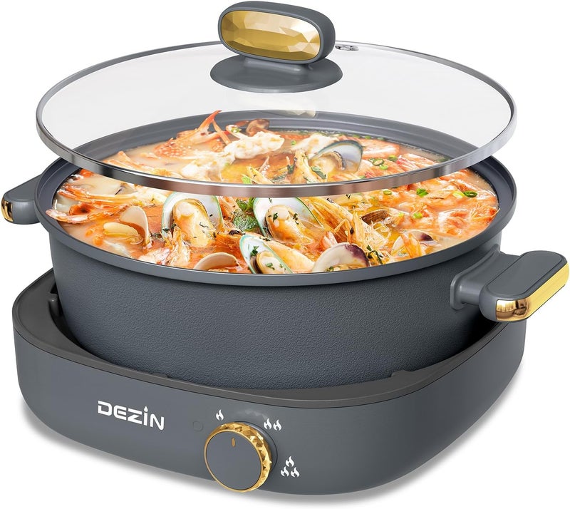 DEZIN Electric Shabu Shabu Pot with Removable Pot, 4L Non-Stick Hot Pot Electric with Dual-Power Control, Electric Pot with Tempered Glass Lid for Party, Family and Friend Gathering - Image 1